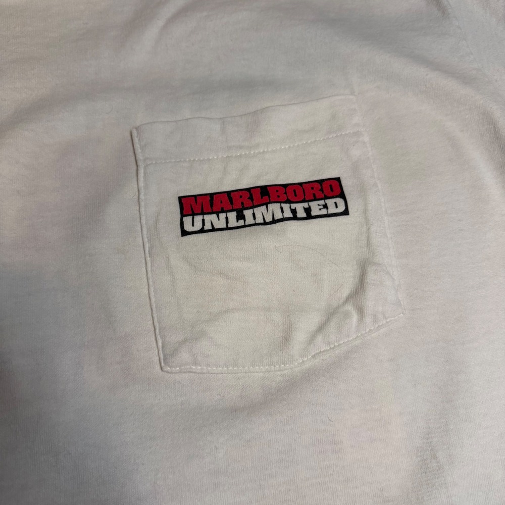 90s Marlboro Unlimited White Pocket TShirt Graphic Horse Creek Pipestone Pass XL - Picture 4 of 6